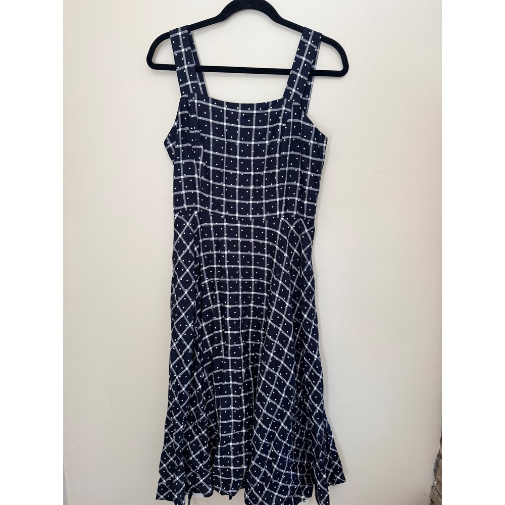 1901 Navy Blue Plaid Polka Dot Square Neck Fit and Flare Midi Dress 8